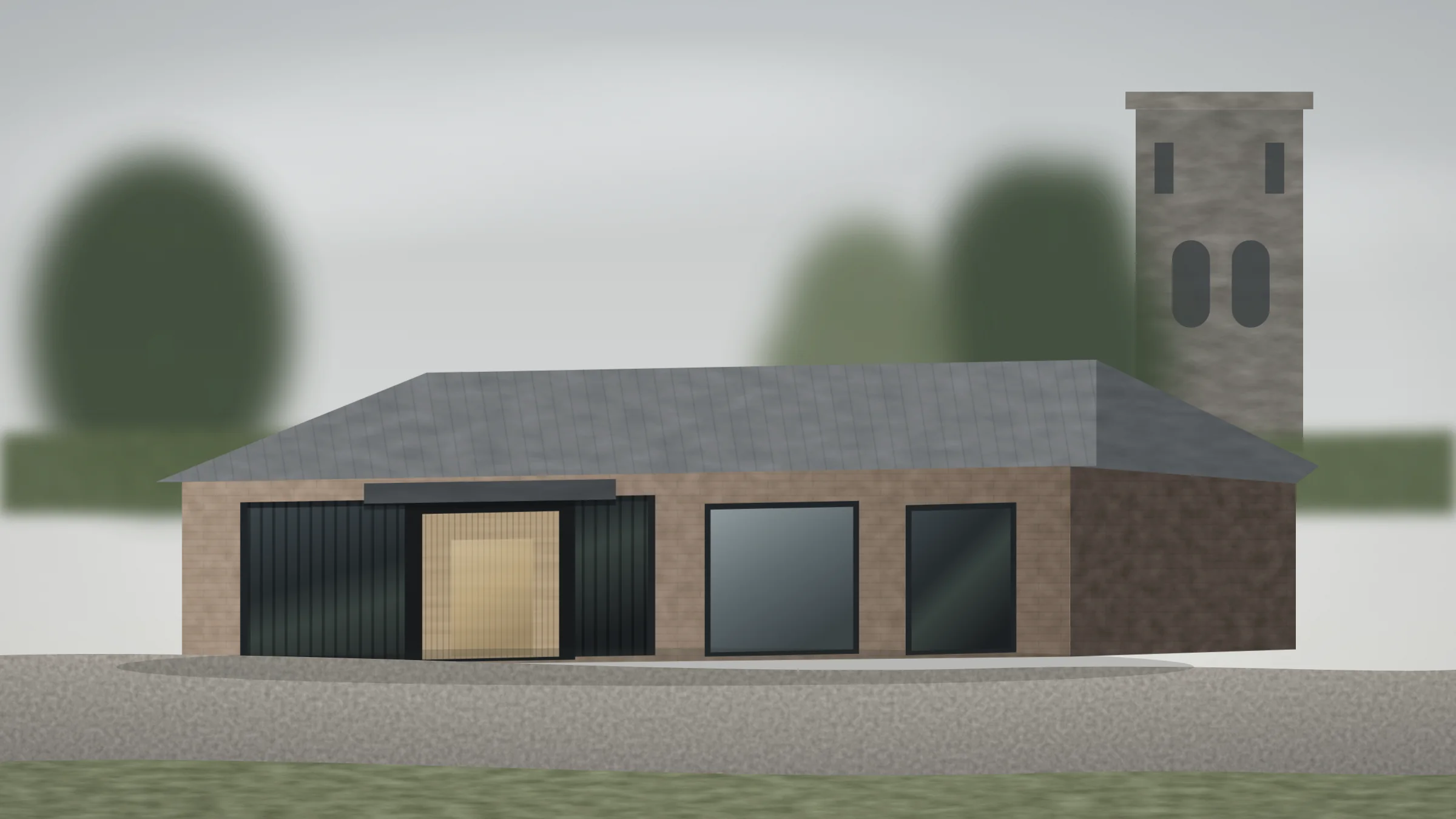 Marlbrook Medical Centre: a single-storey brick building with a slate roof and an oak slat screen, set below the tower of the neighbouring church behind clipped yews.